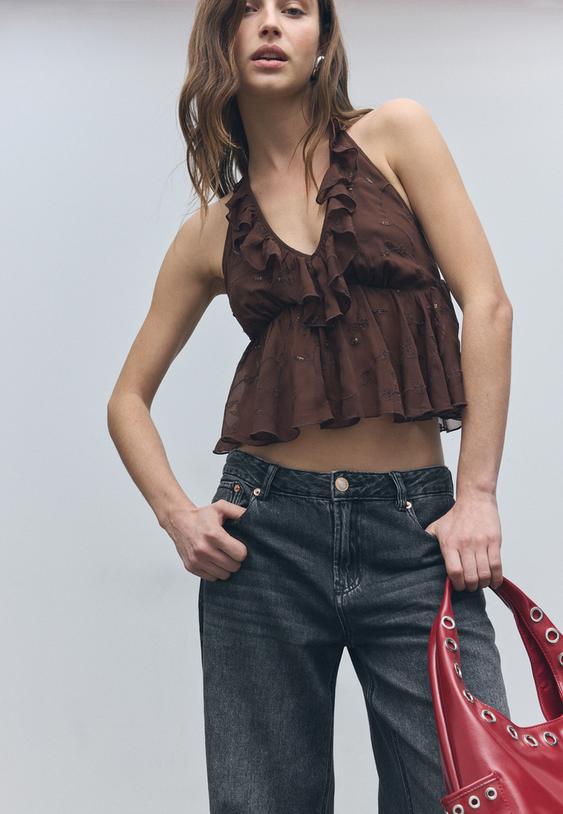 ruffled sequinned halter top