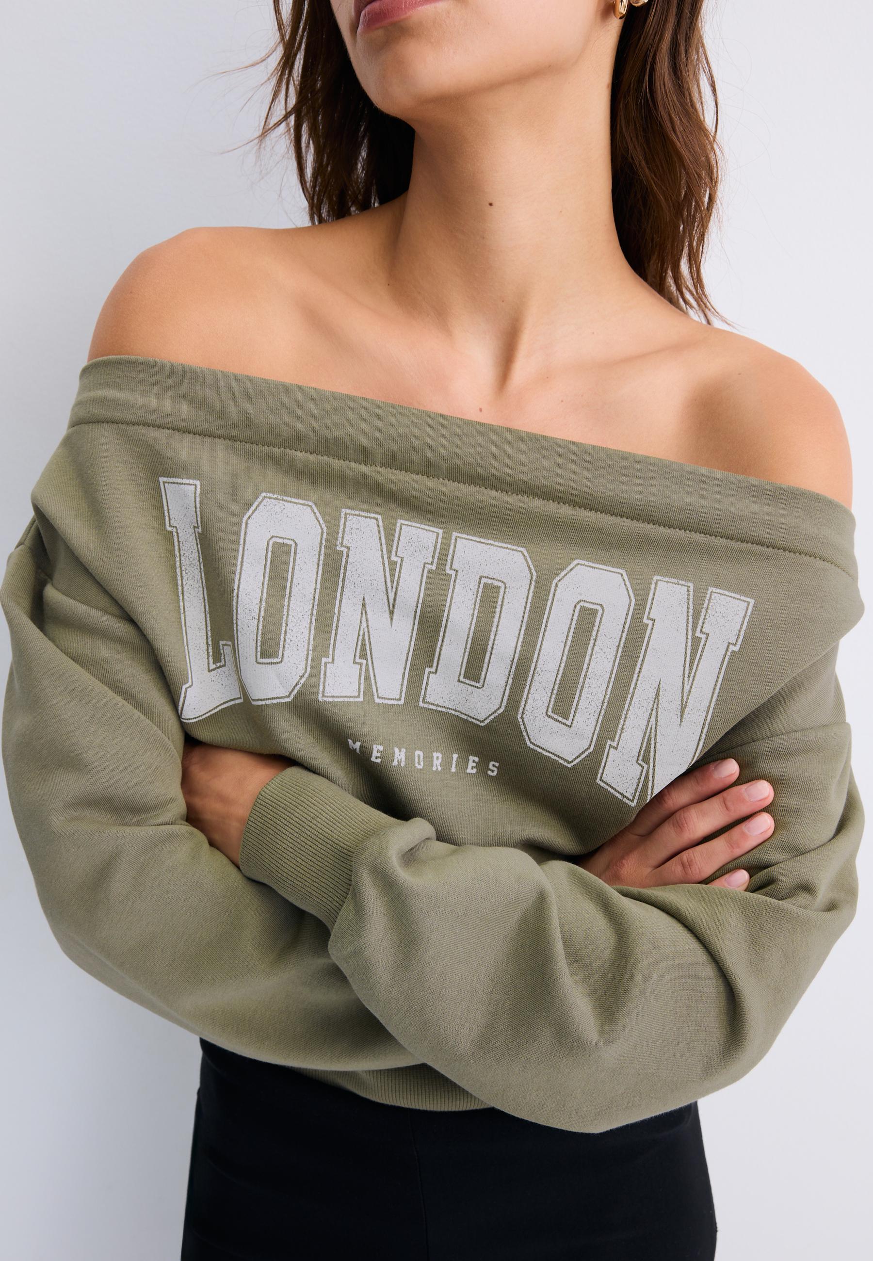 Cropped boat neck sweatshirt — Khaki