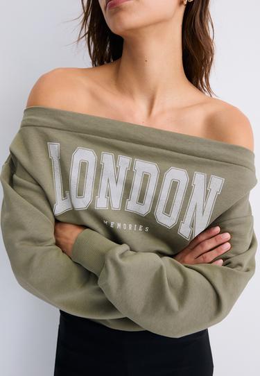 Cropped boat neck sweatshirt — Khaki 4