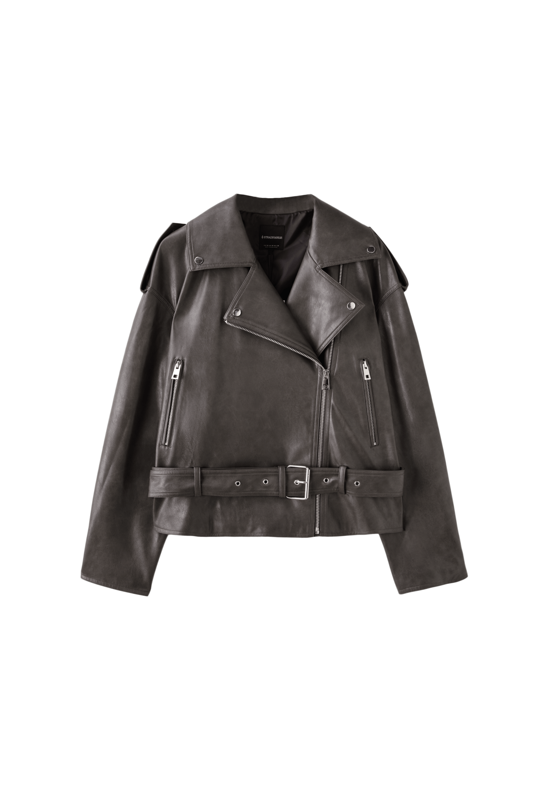 Leather effect biker jacket with belt — Dark grey