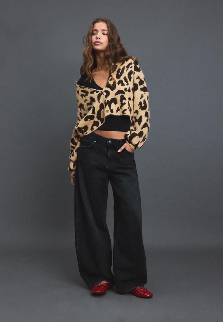 Stradivarius Pletena Jakna S Leopard Uzorkom Bež M