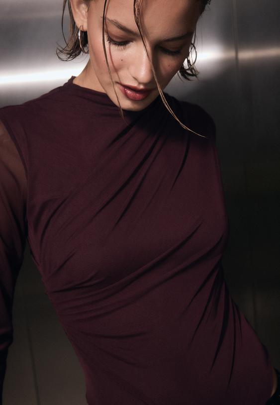 Stradivarius Ruched Tulle Bodysuit Purple Xs