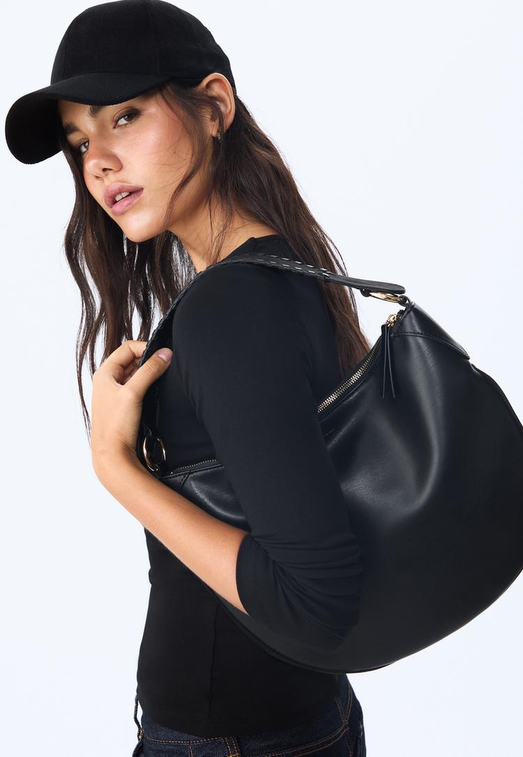 contrast faux suede bag with braided strap