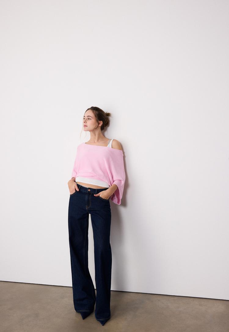 Stradivarius Πλεκτό Πουλόβερ Με Λαιμόκοψη Χαμόγελο Και Επικάλυψη Παστέλ Ροζ M