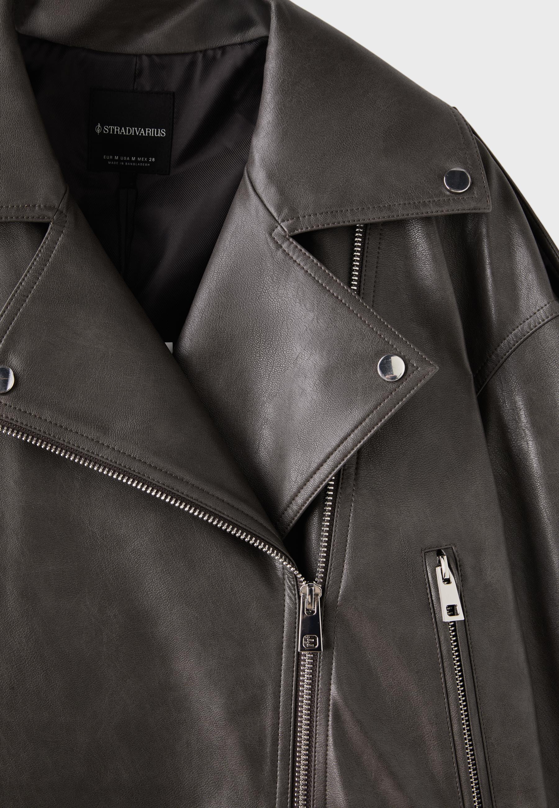 Leather effect biker jacket with belt — Dark grey