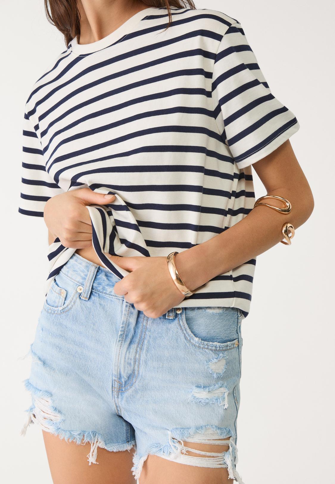 Basic heavy weight striped boxy fit T-shirt Women's fashion