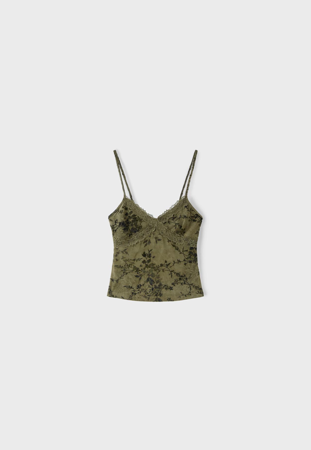 Fitted flocked lace top — Khaki