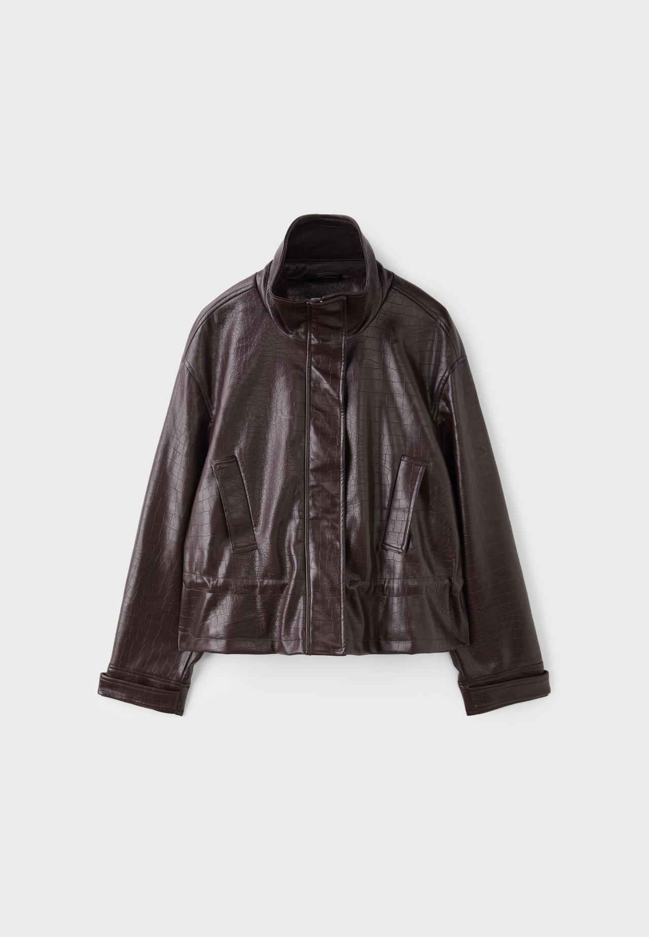 Cropped leather effect croc-embossed jacket — Brown