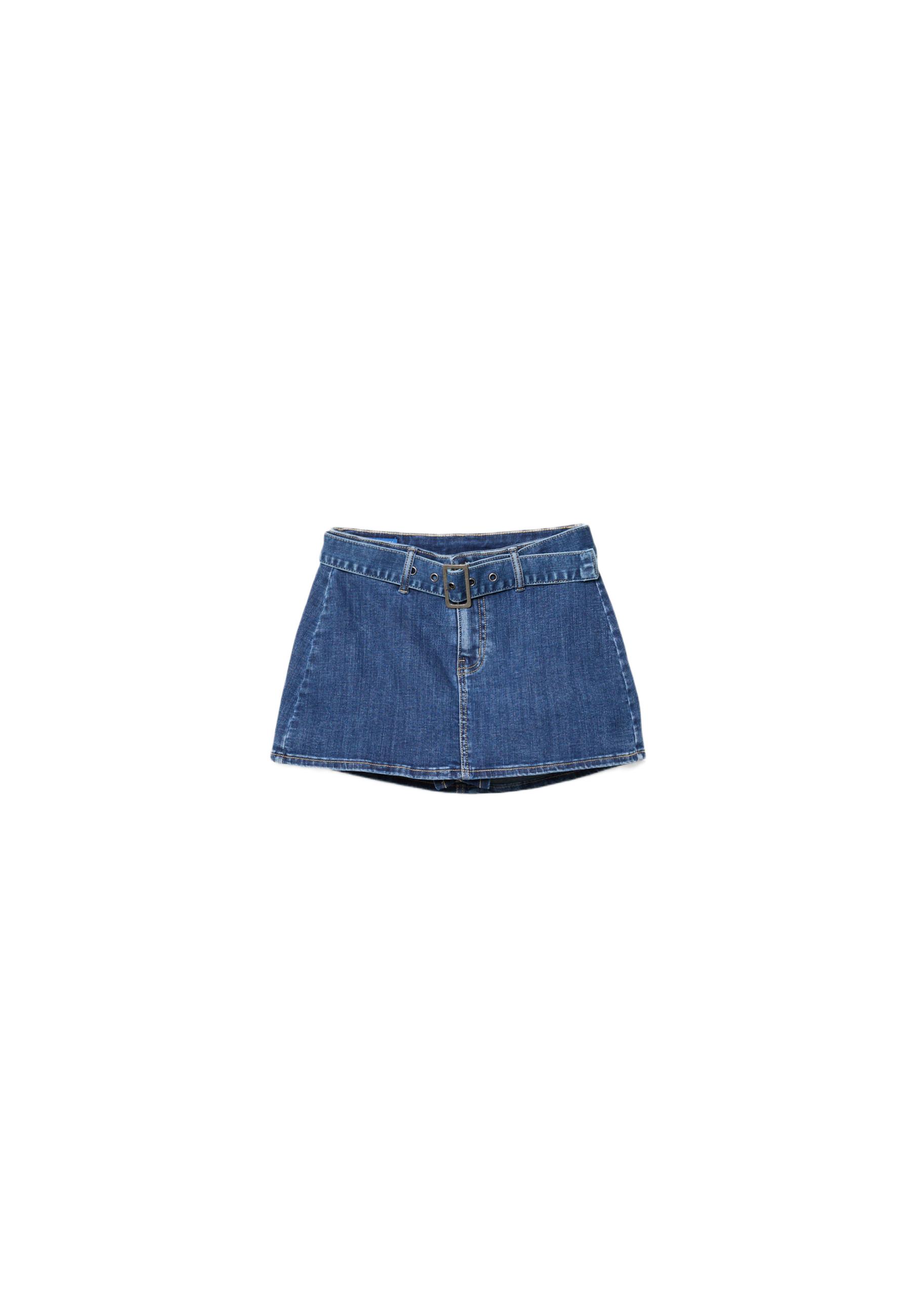 Denim skort with belt — MEDIUM DENIM WASH