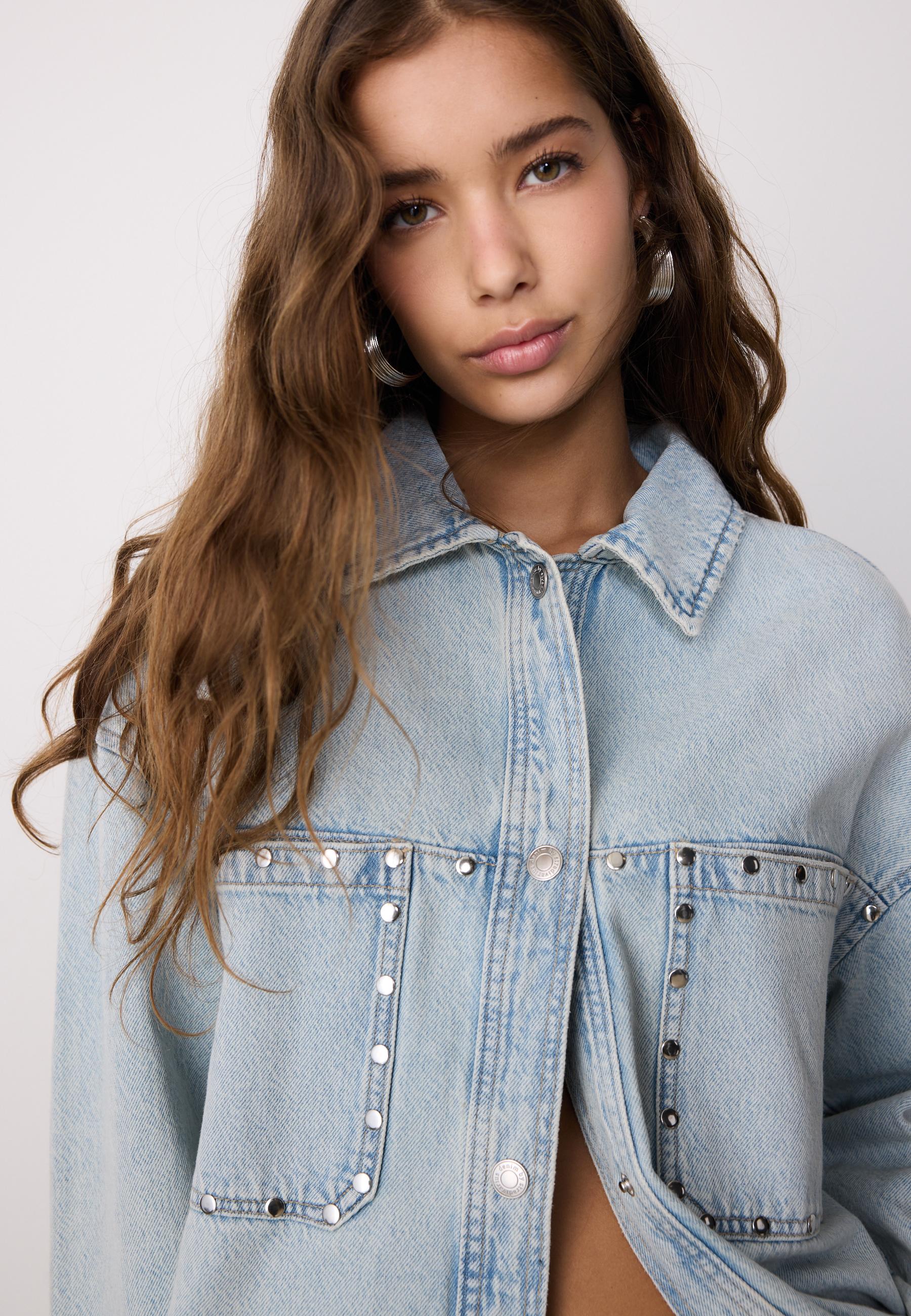 Cropped denim overshirt with studs — MEDIUM BLUE DENIM