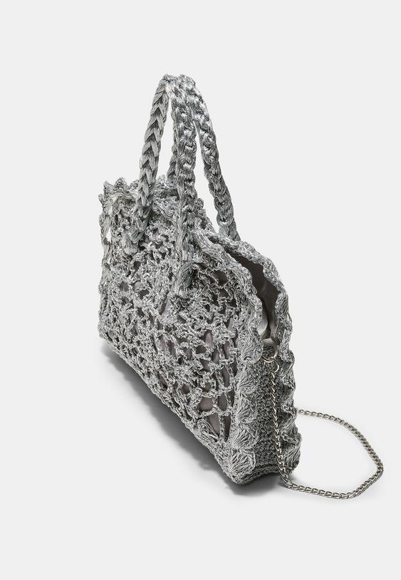 Metalik iplikli kroşe tote çanta - Görsel 5