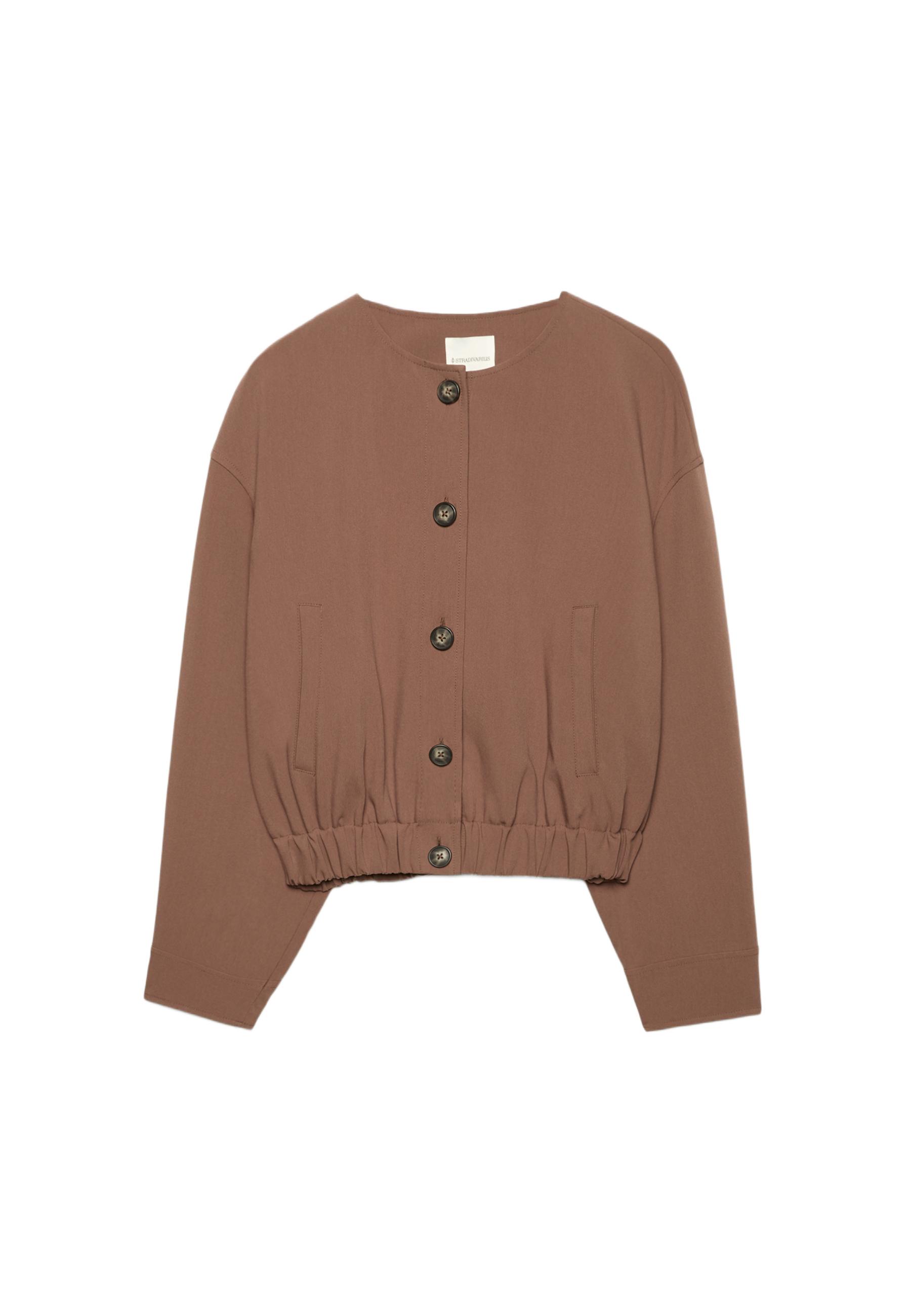 Puff sleeve round neck jacket — Brown