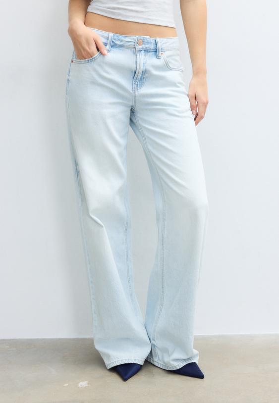 Stradivarius D91 Blugi Largi Cu Talie Joasă Efect Prespălat Denim Albastru Deschis 34