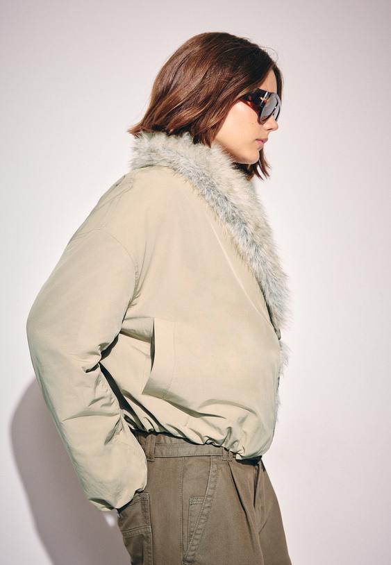 blouson matelasse col fausse fourrure