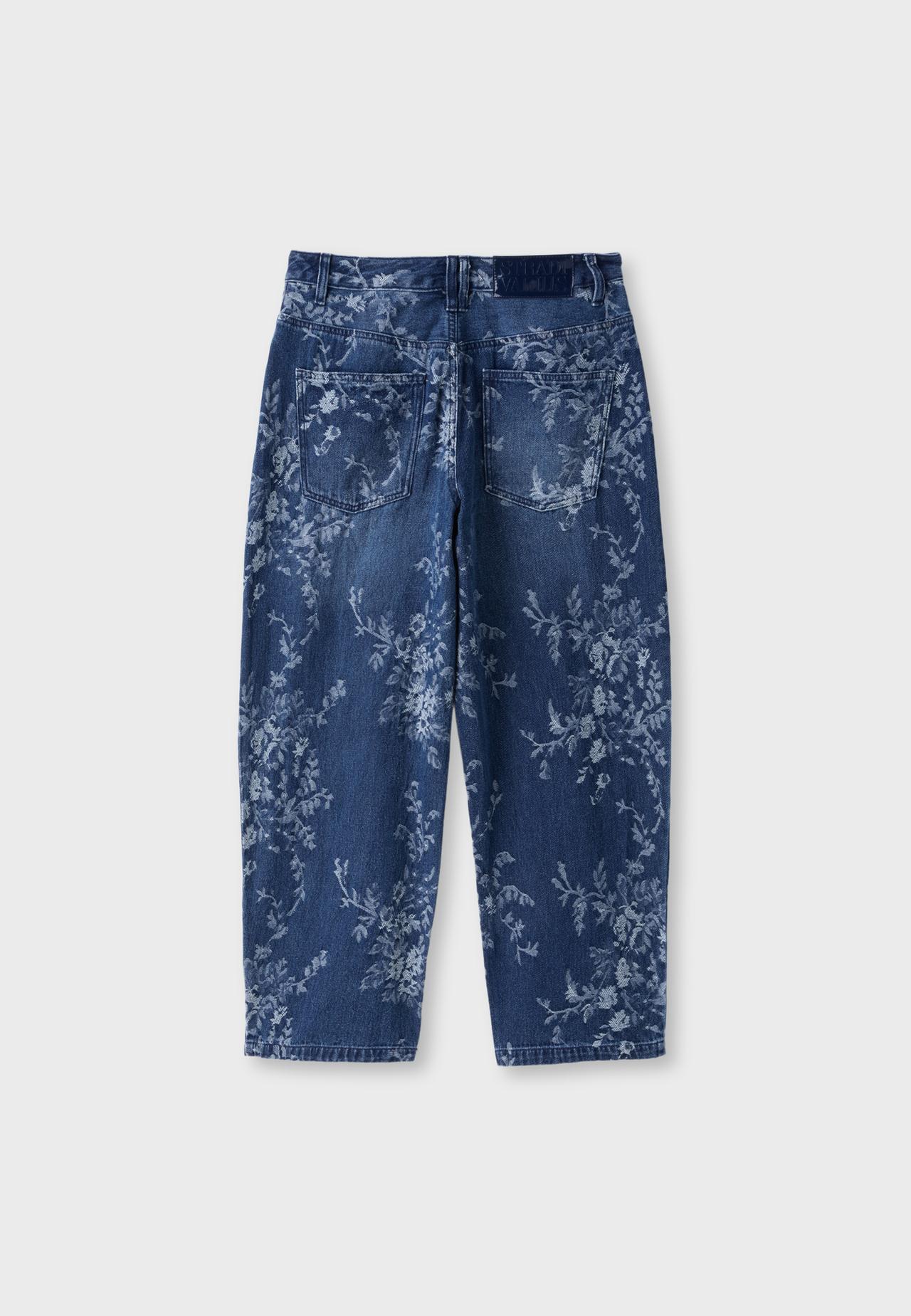 Floral jacquard barrel jeans — MEDIUM BLUE DENIM