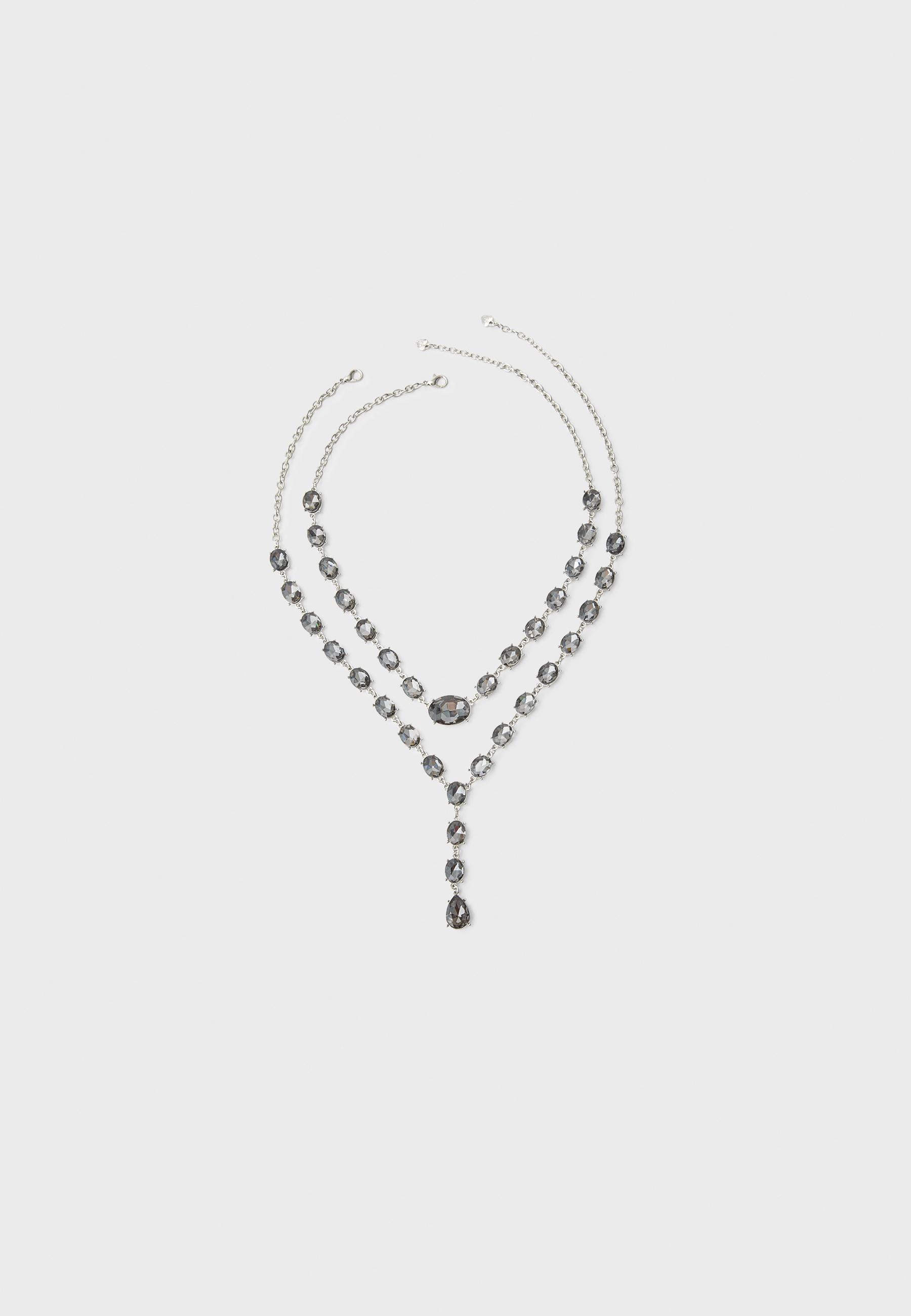 Stradivarius Σετ 2 Γυαλιστερά Κολιέ Lariat Γκρι Os