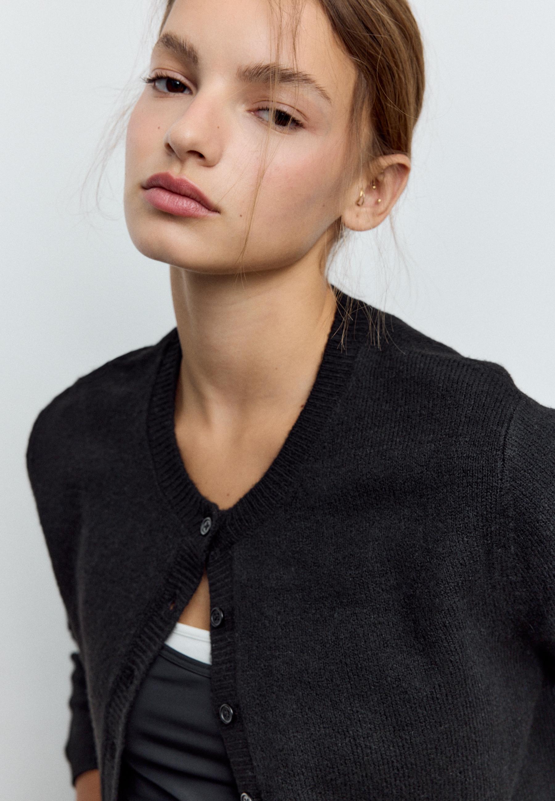 Soft-touch button-up knit cardigan — Black