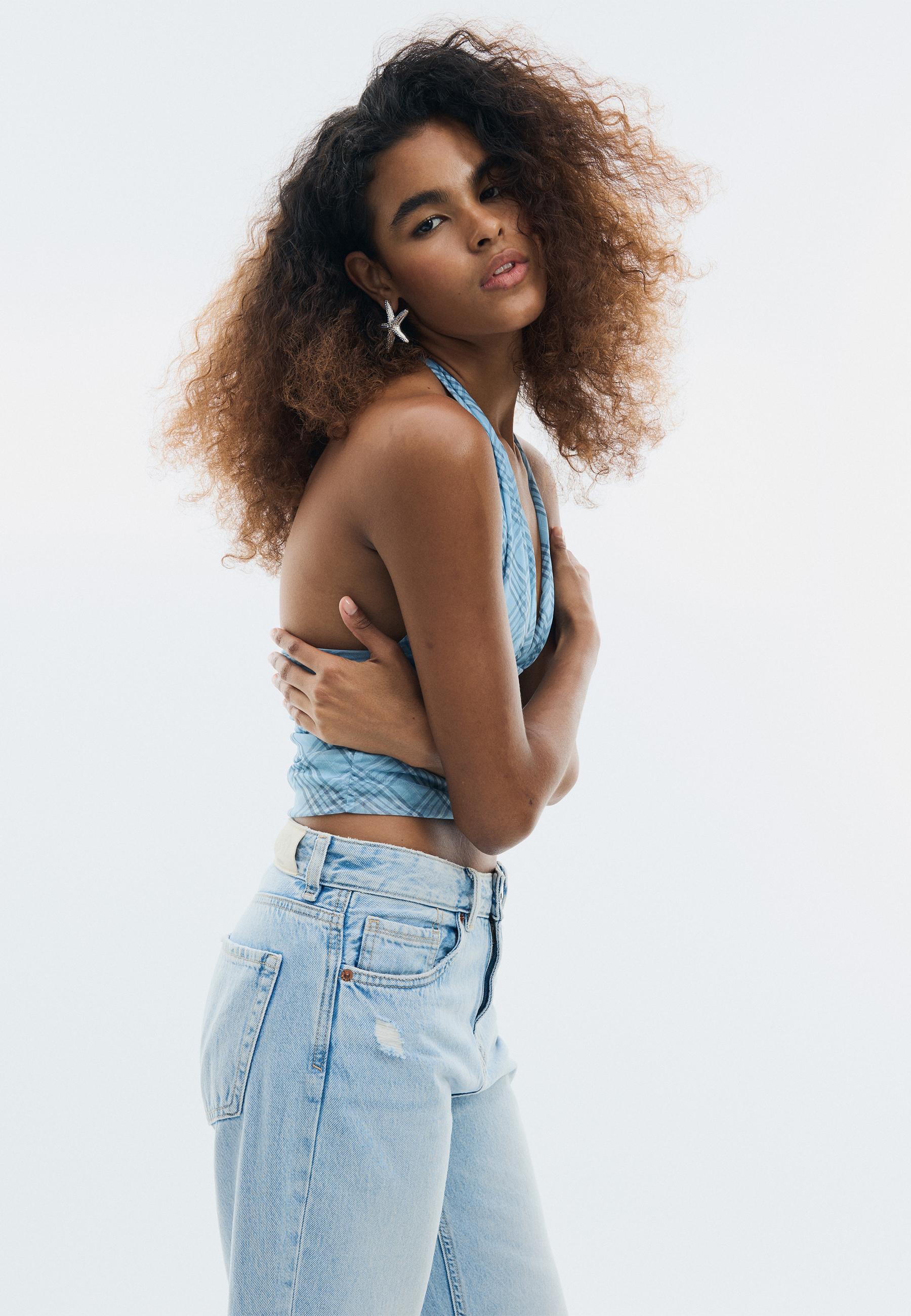 Polka dot mesh halter top — Sky blue