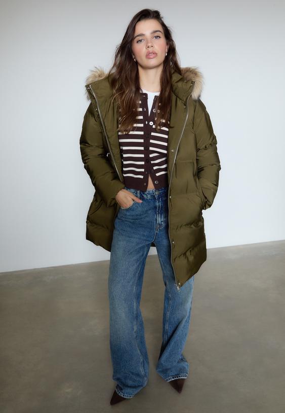 quilted coat with faux fur hood