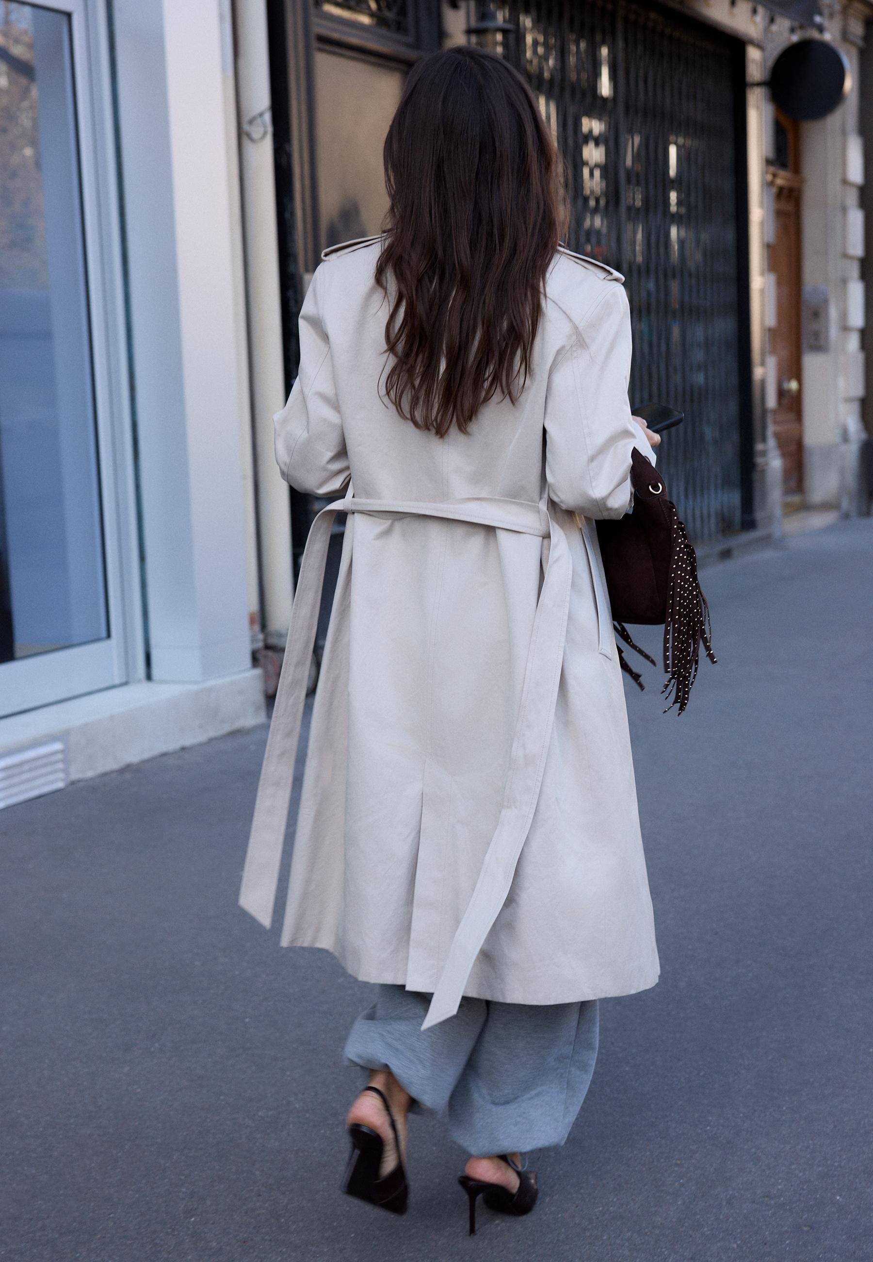 Long single-breasted trench coat — Stone