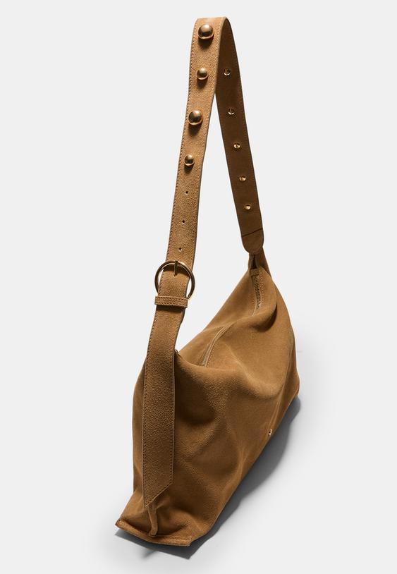 Stradivarius Studded Flat Shoulder Bag, 100% Leather Beige Os