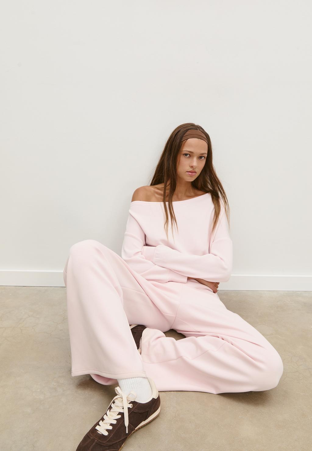 Soft-touch exposed shoulder sweatshirt