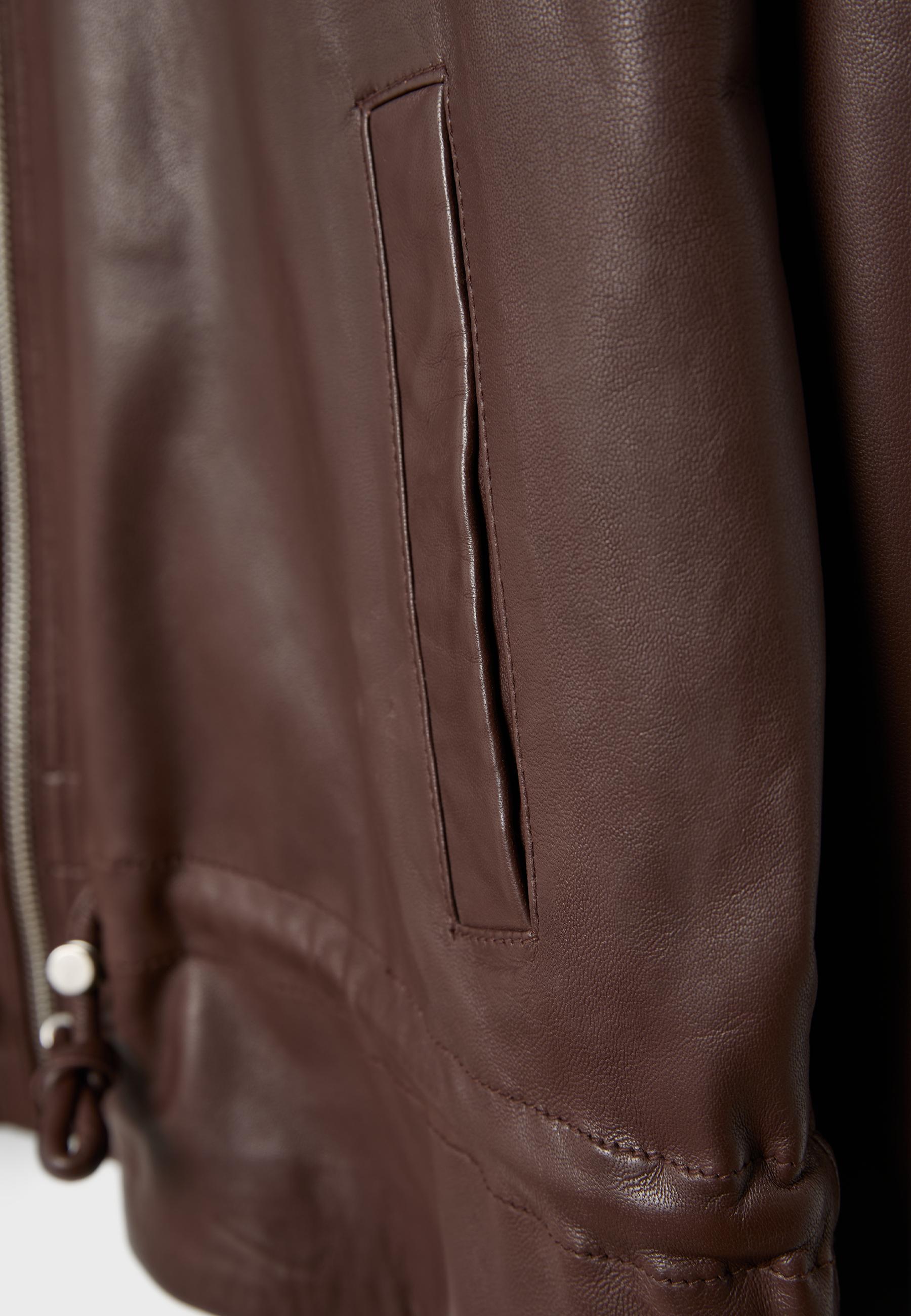 Leather jacket with pockets and adjustable waist — Brown