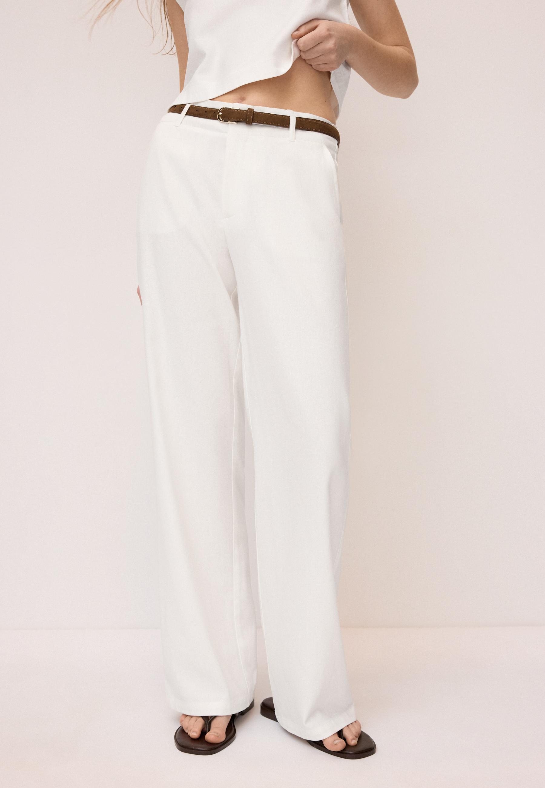 Linen-effect straight-leg trousers with belt — Ecru