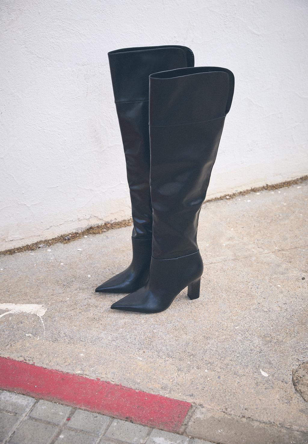 Pleated high-heel knee-high boots