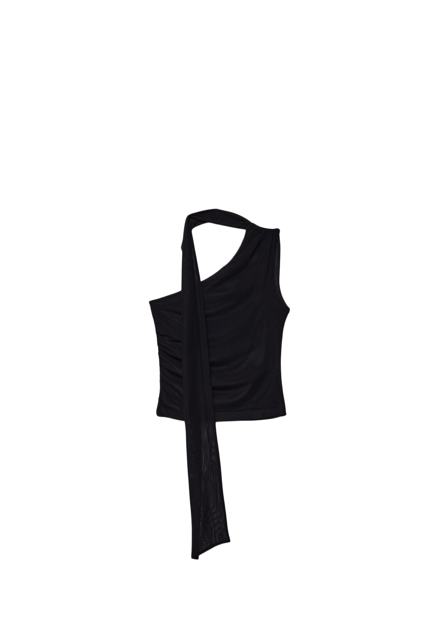 Asymmetric tulle top with scarf — Black