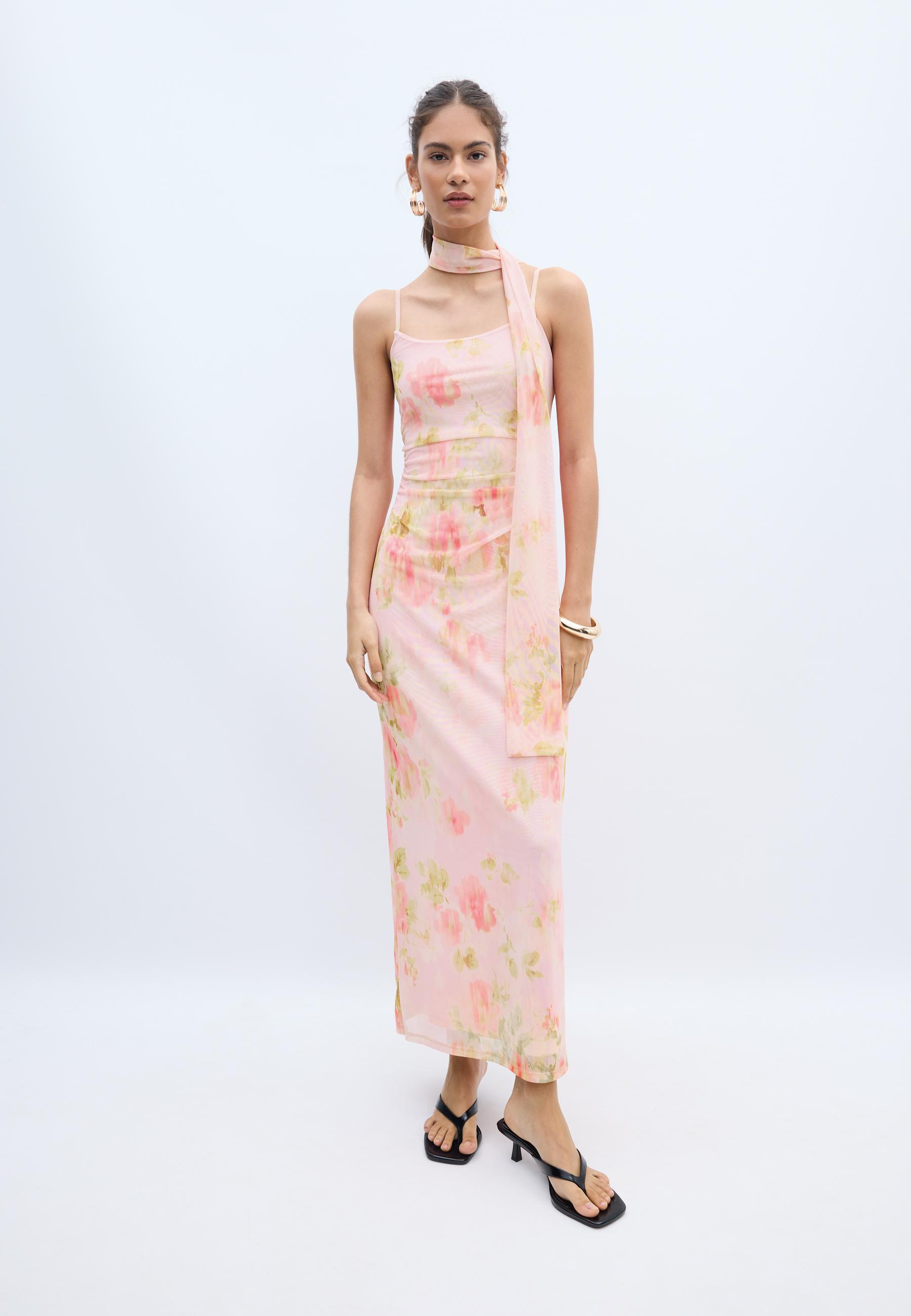 Printed tulle midi dress with scarf — Pastel pink