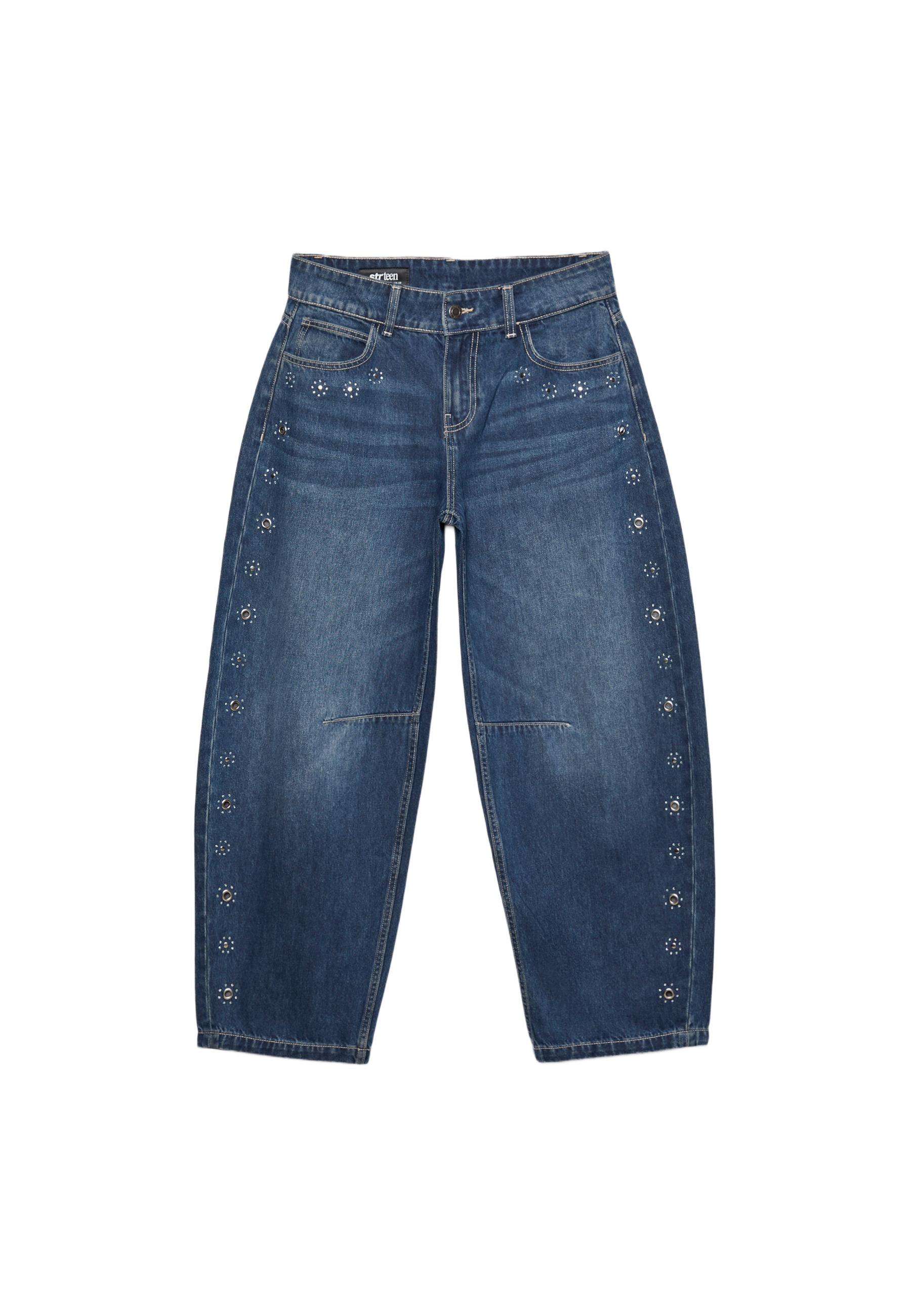 Barrel wide-leg jeans with eyelets — BLACK DENIM WASHED EFFECT