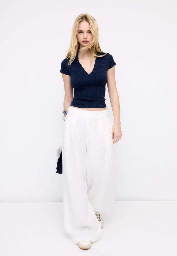 Stradivarius Tricou Polo Simplu Fără Cusături Albastru Închis M