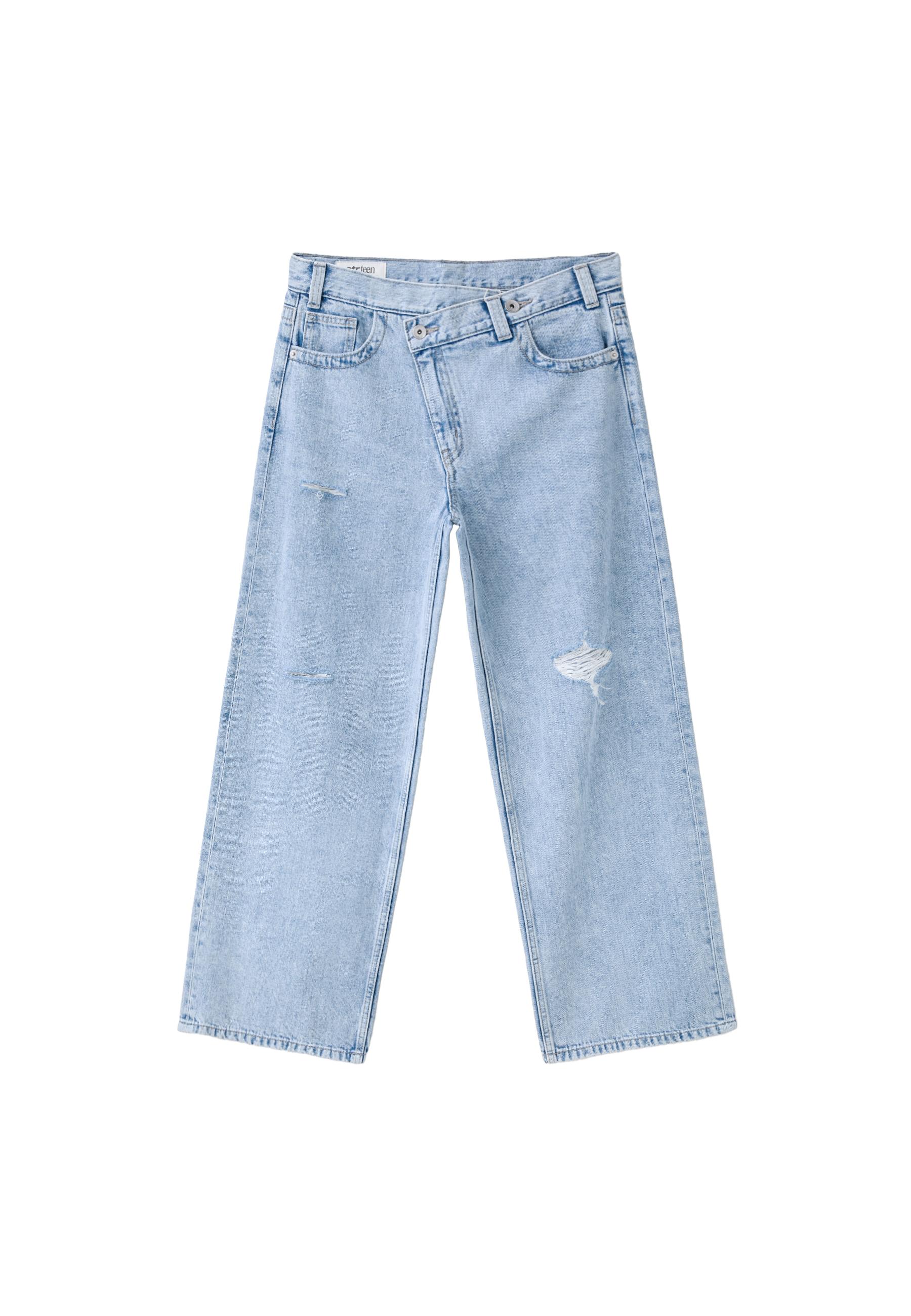 Cross-over waist wide-leg jeans — MEDIUM LIGHT BLUE DENIM