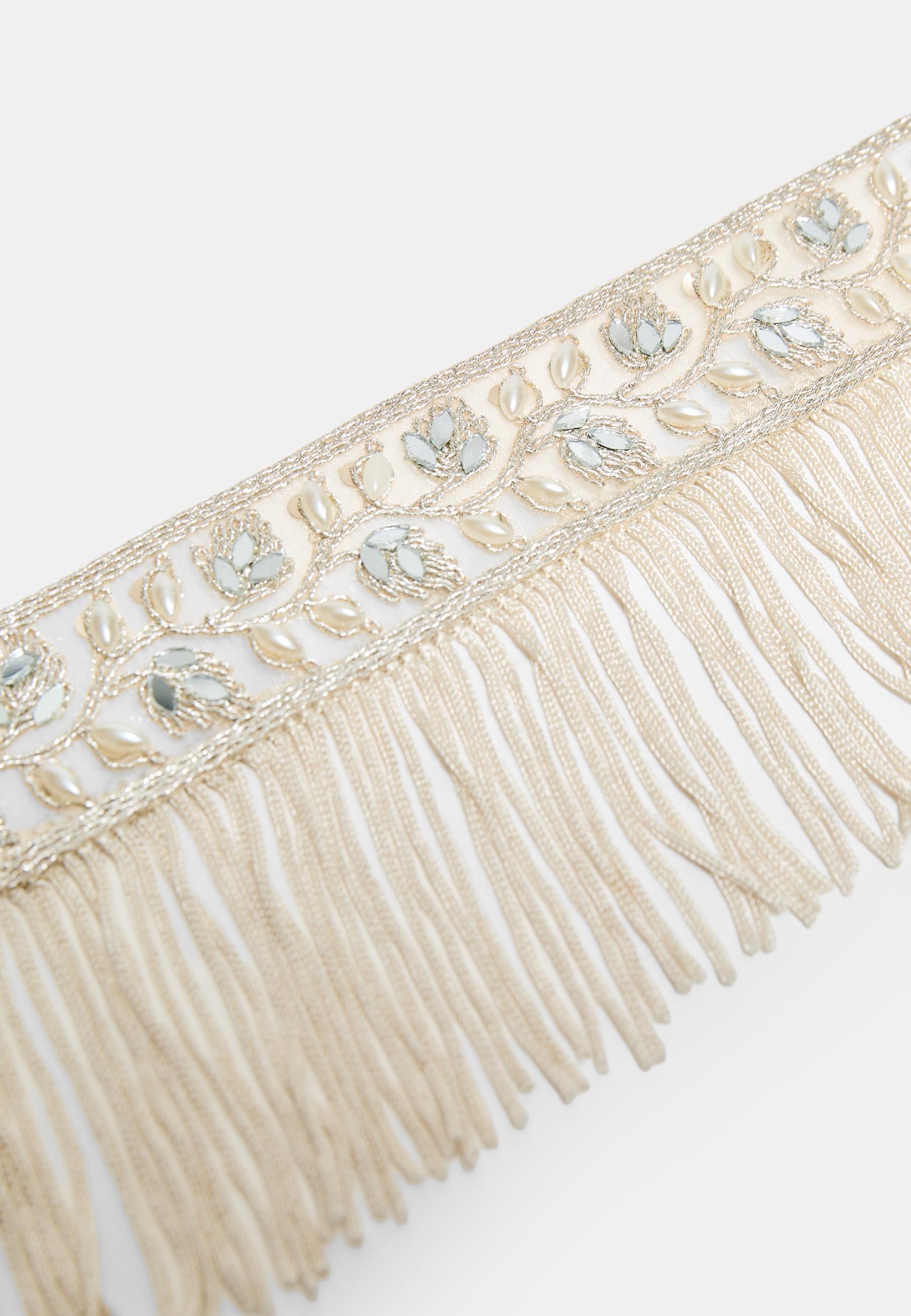 Faux pearl and fringe belt — Ecru