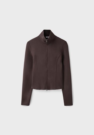 Soft-touch fitted zip-up sweatshirt — Brown 7