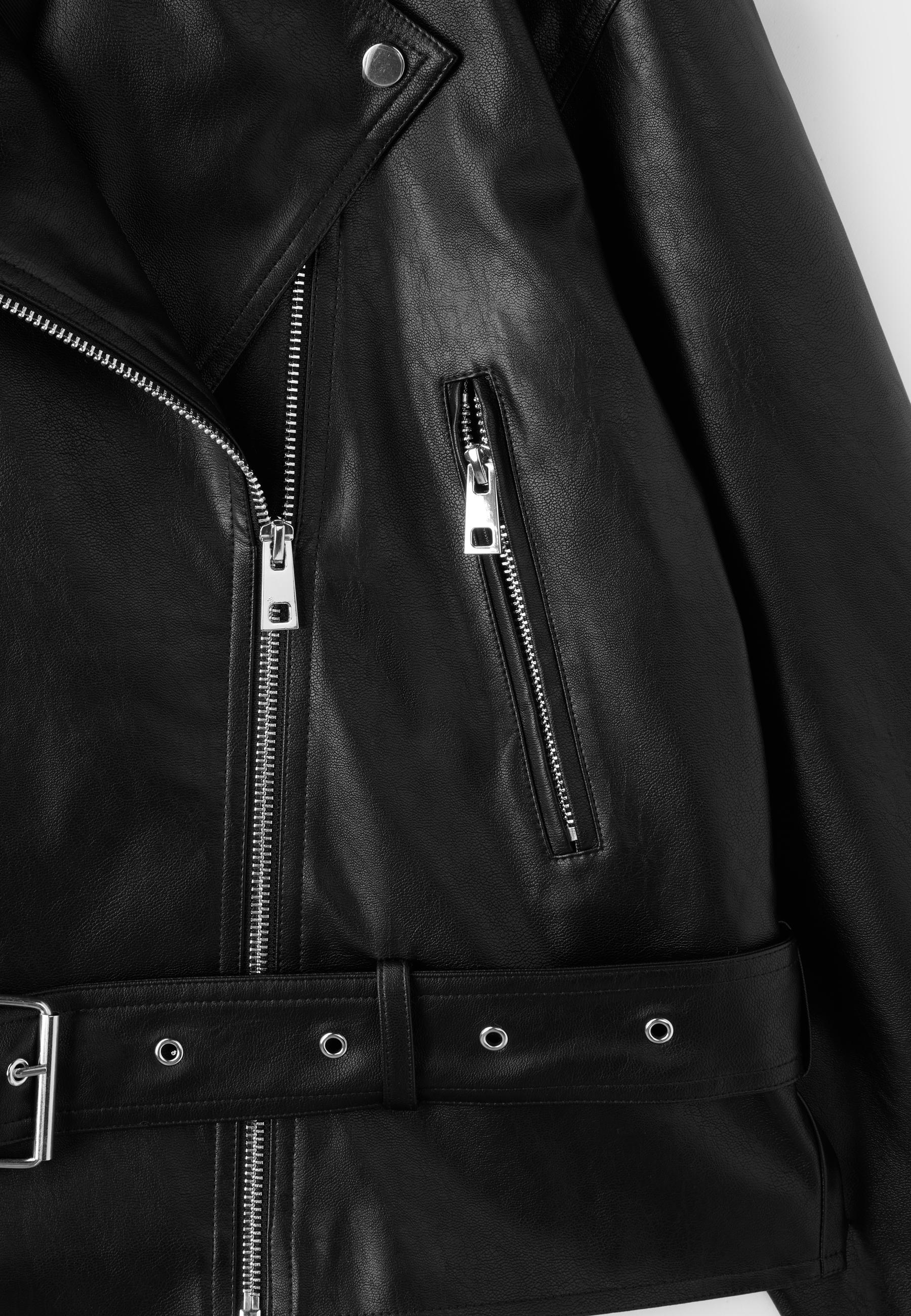 Leather effect biker jacket with belt — Black