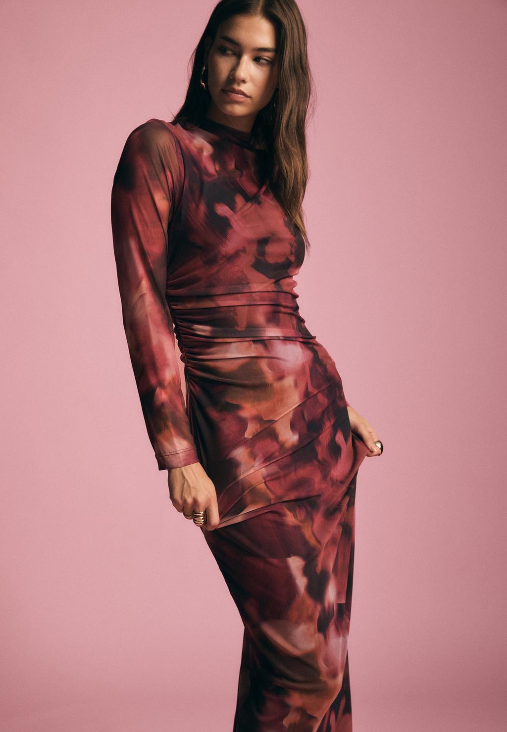 Printed tulle midi dress with gathered detail