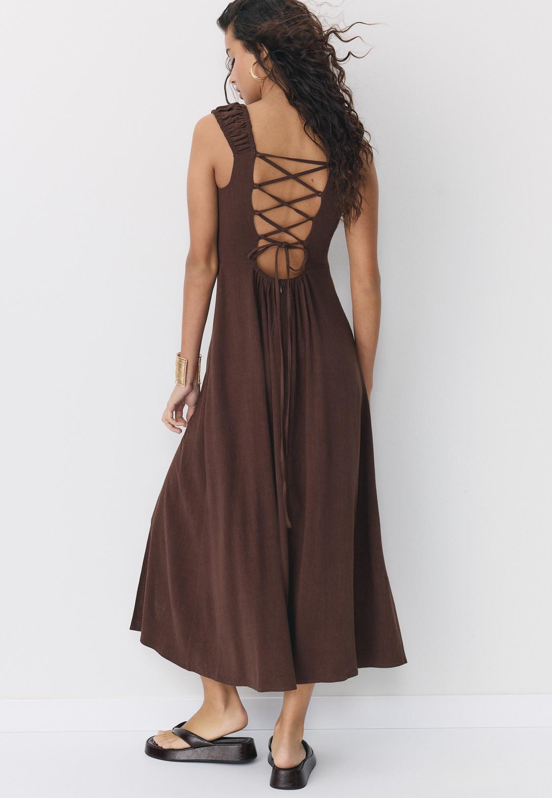 Linen-look cross-back midi dress - Women's Linen-blend | Stradivarius  Indonesia
