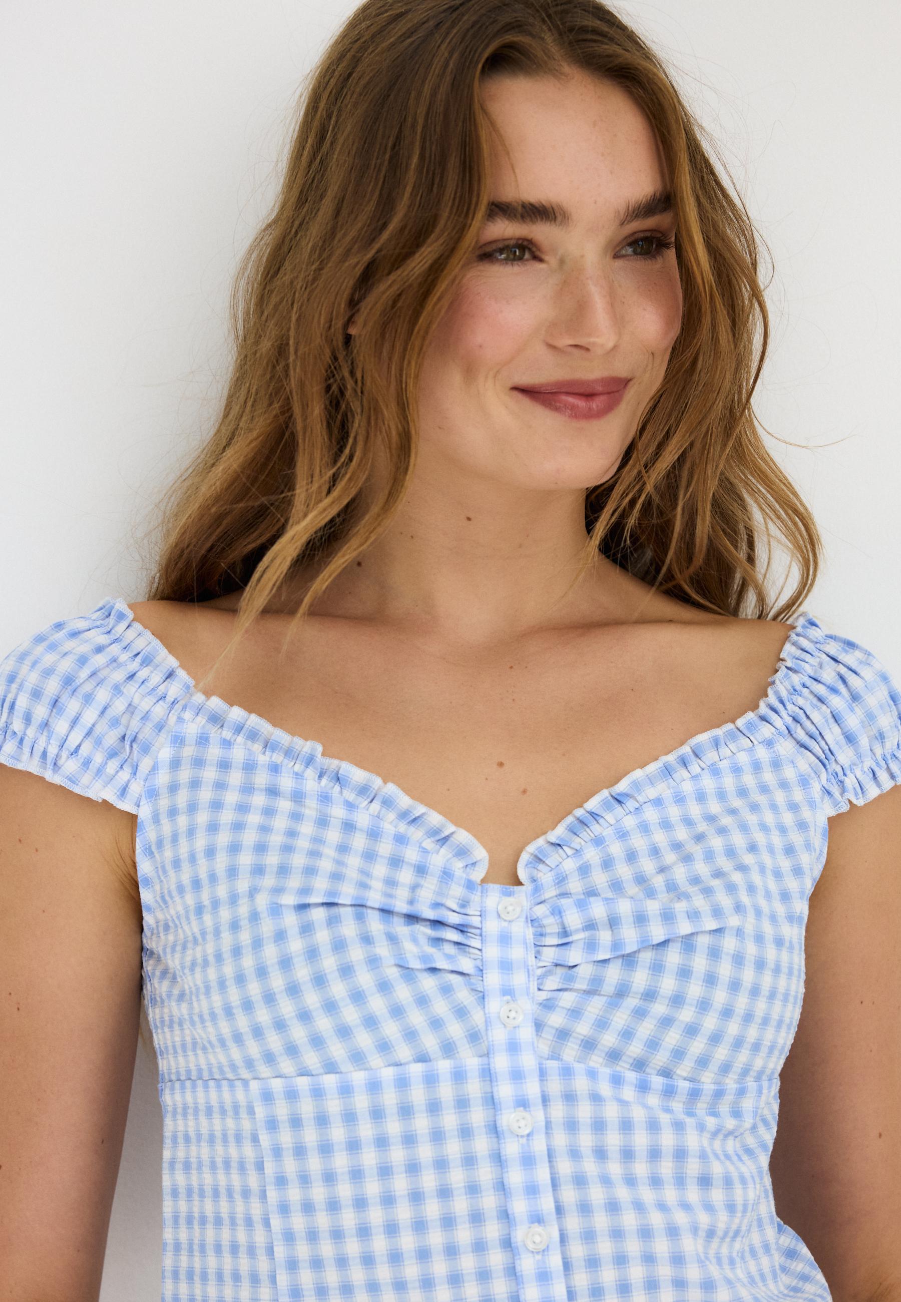 Heart neckline top with buttons — Sky blue