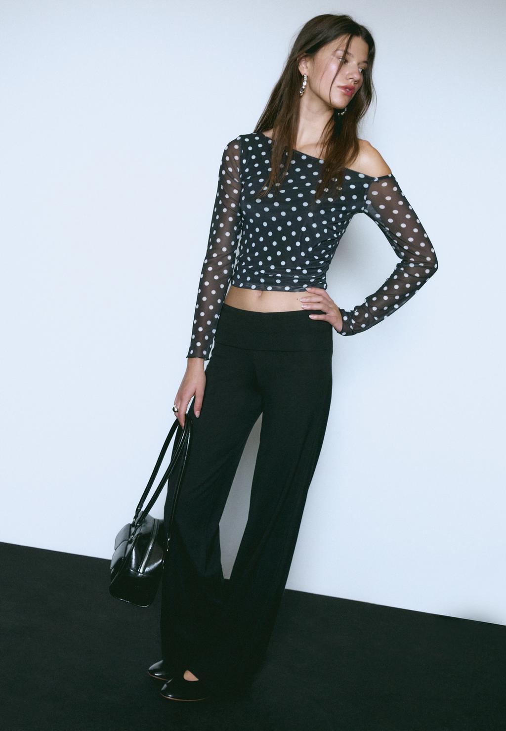 Mesh trousers with fold-over waist