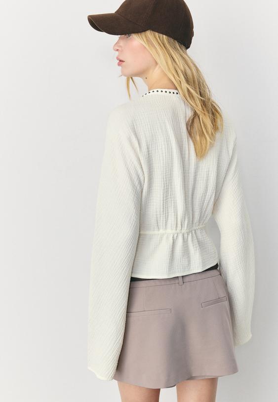 Stradivarius Open Studded Shirt Ecru S