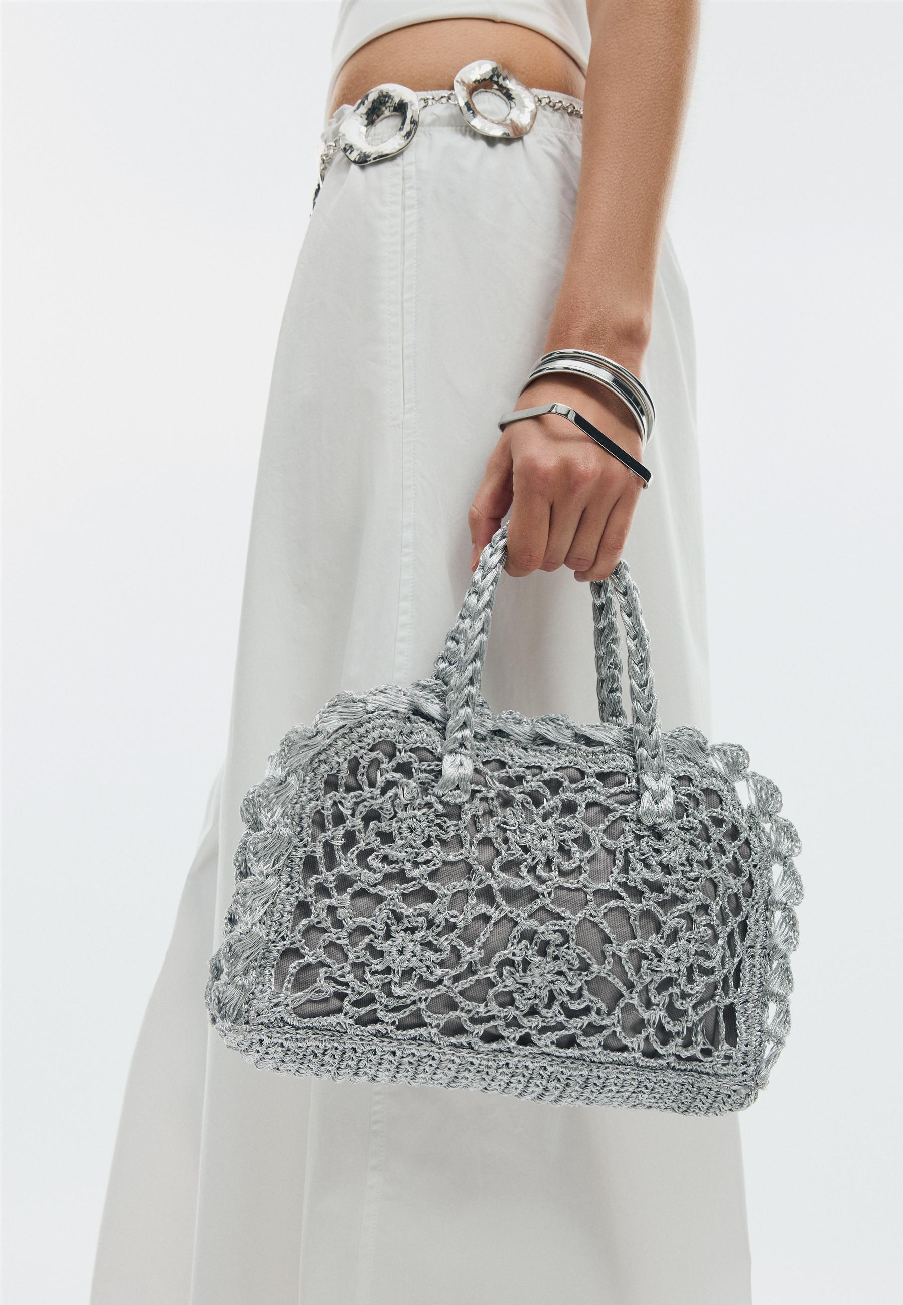 Metallic yarn crochet tote bag — Grey