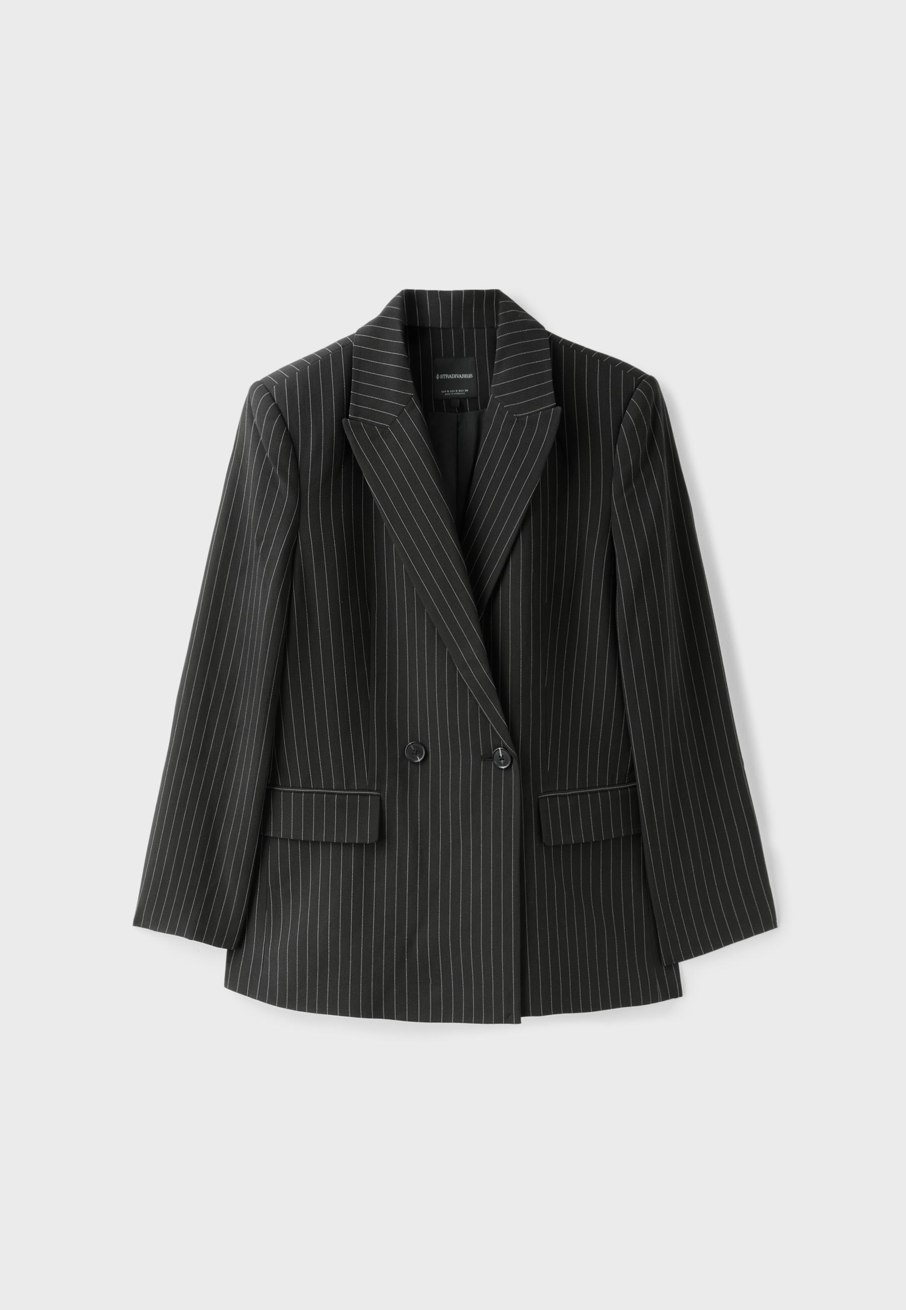 Straight striped button blazer — Black