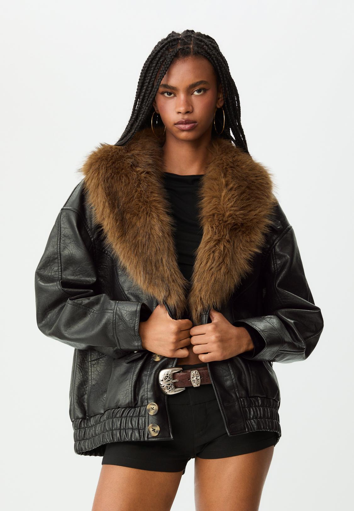 Leather effect jacket with contrast collar