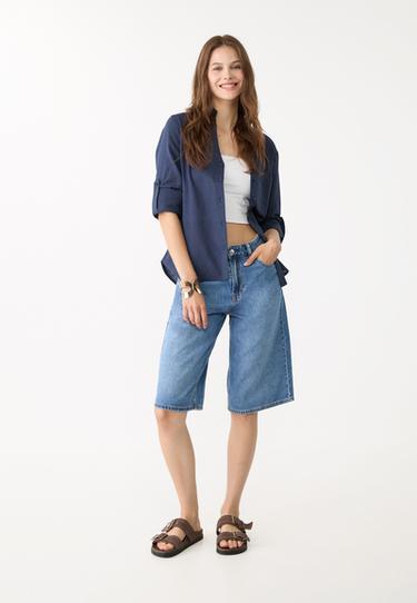 Linen blend shirt with pocket — Navy blue 2