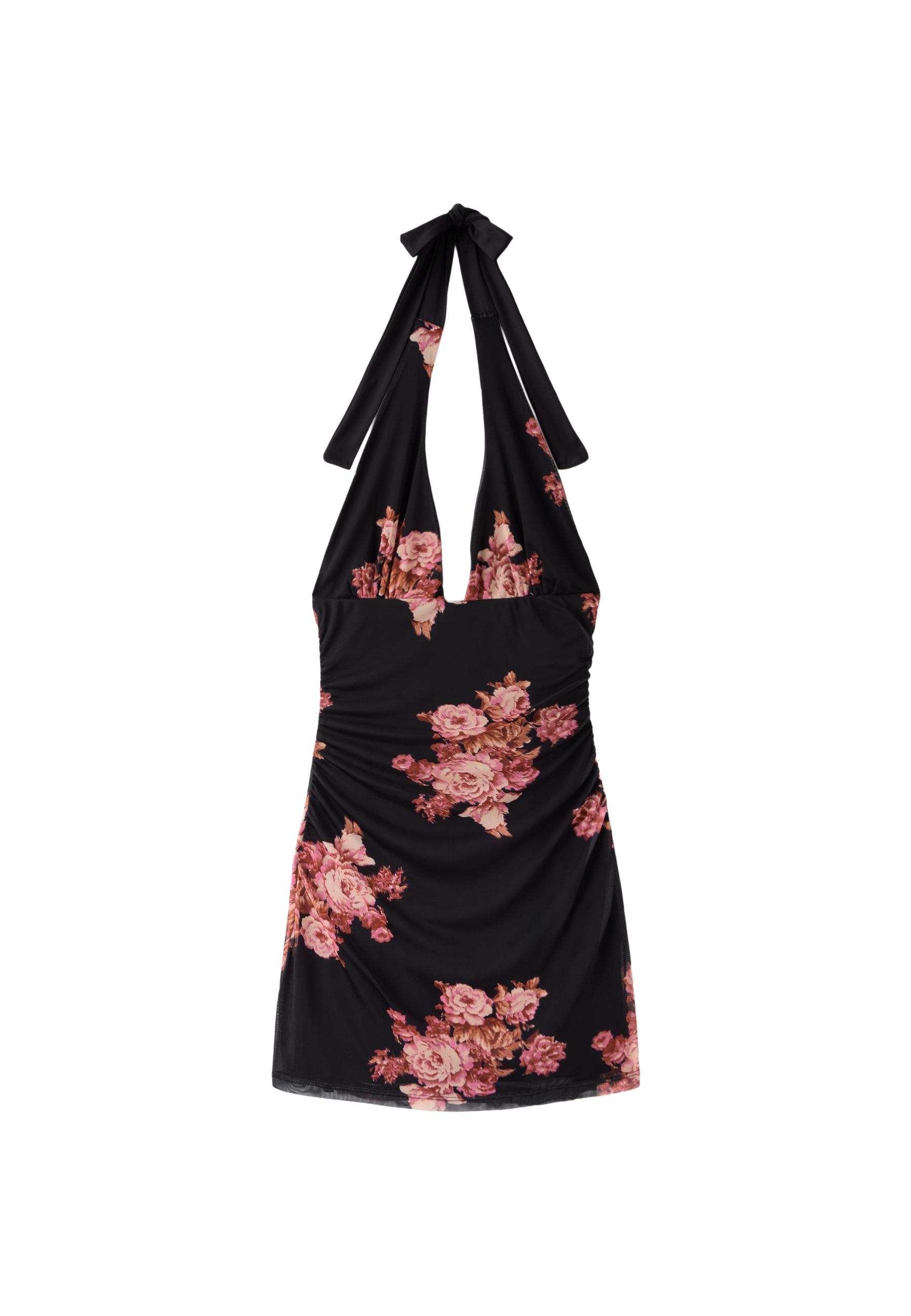 Floral print fitted tulle short dress — Black