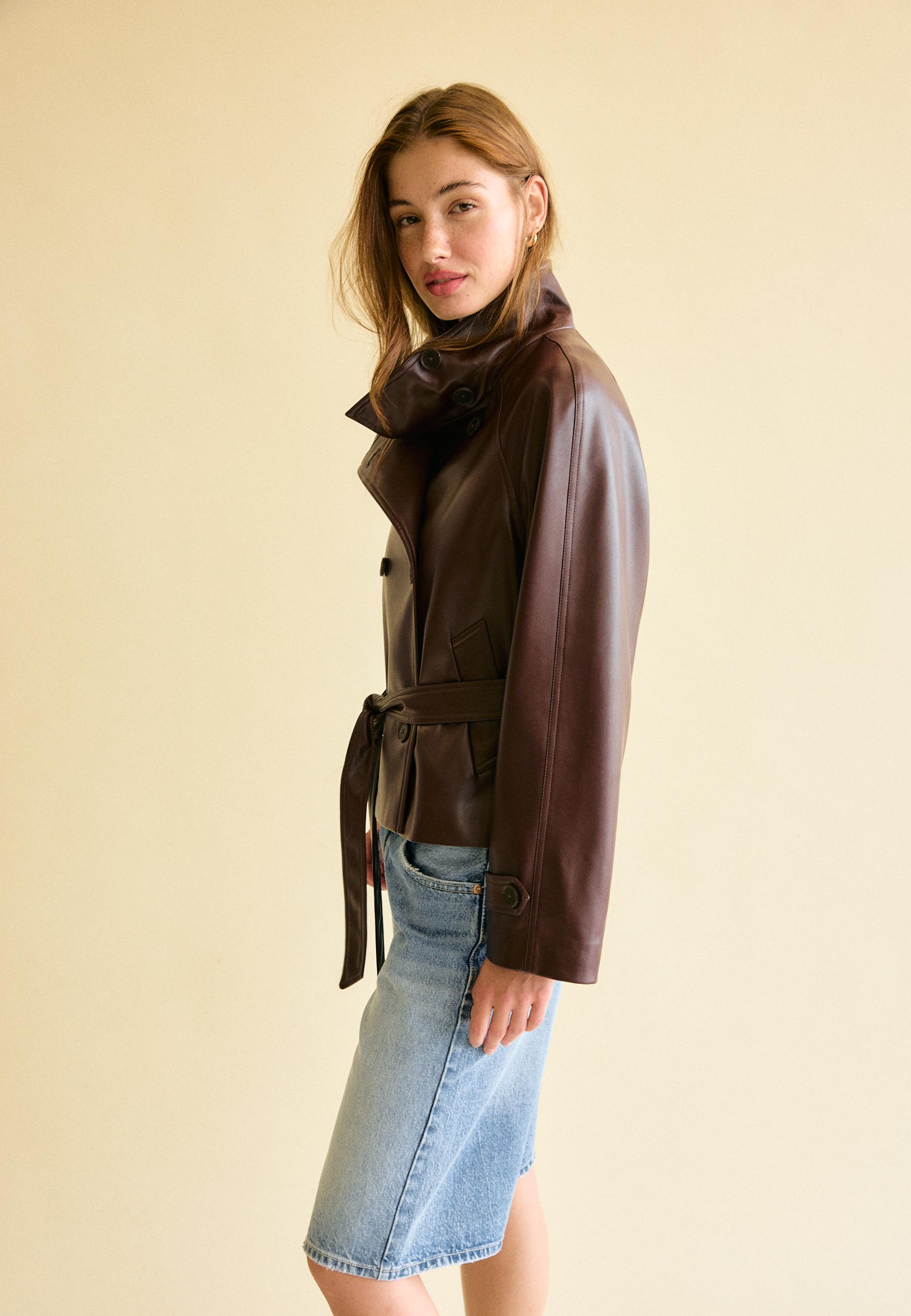 High neck leather effect trench coat — Brown