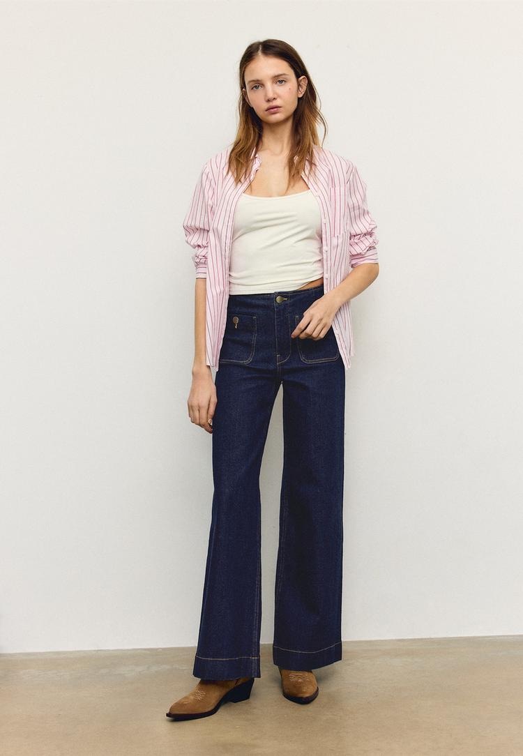 Stradivarius D77 Blugi Minimalist Cu Buzunare Efect Prespălat Denim Overdyed 32