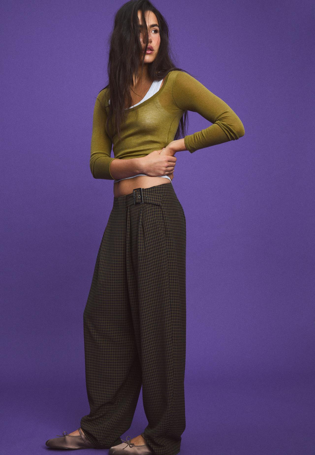 Check buckle flowing trousers — Khaki